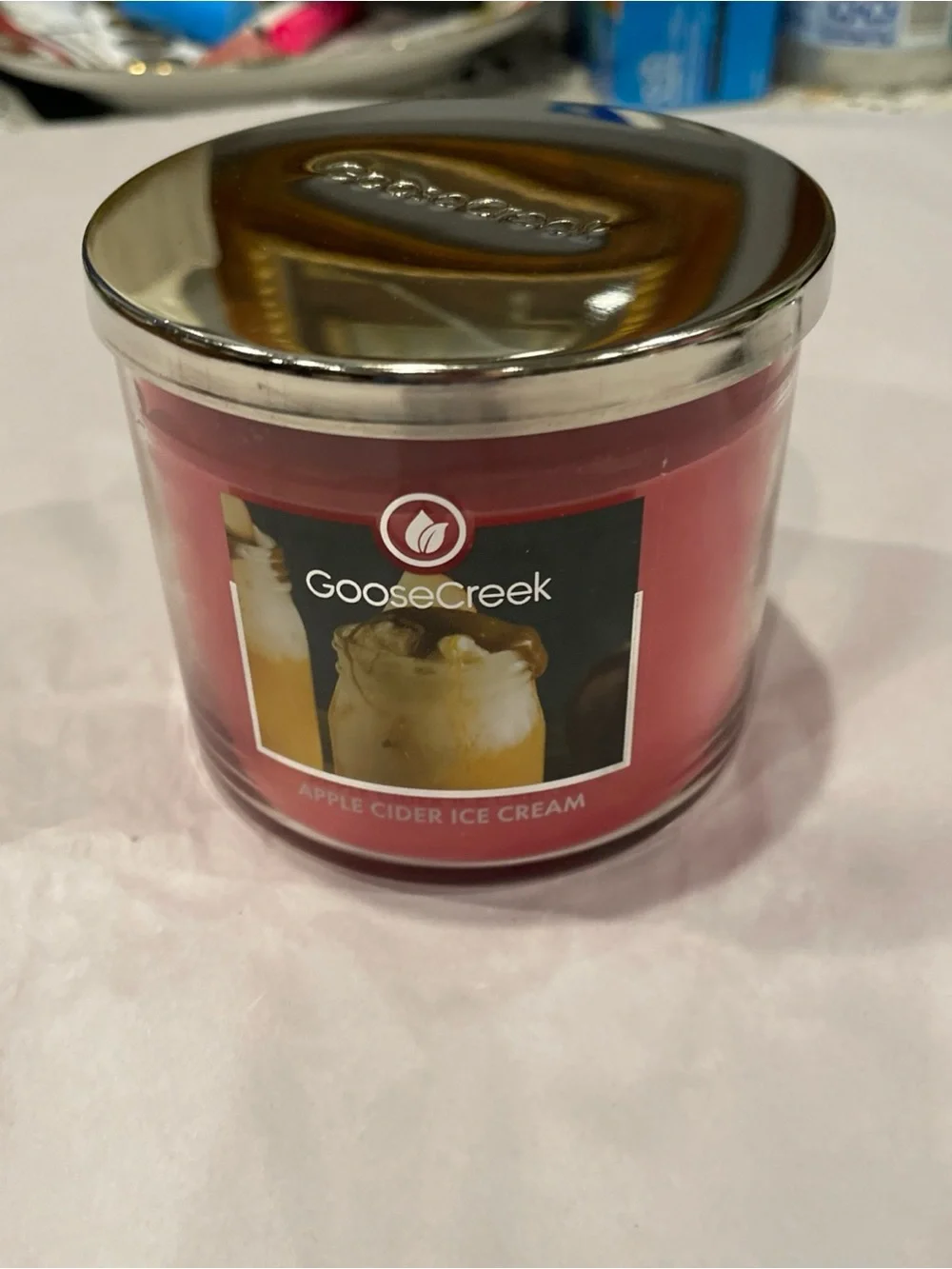 Goose Creek Apple Cider Ice Cream Scented Candle Red Jar with Silver Lid 14.5oz